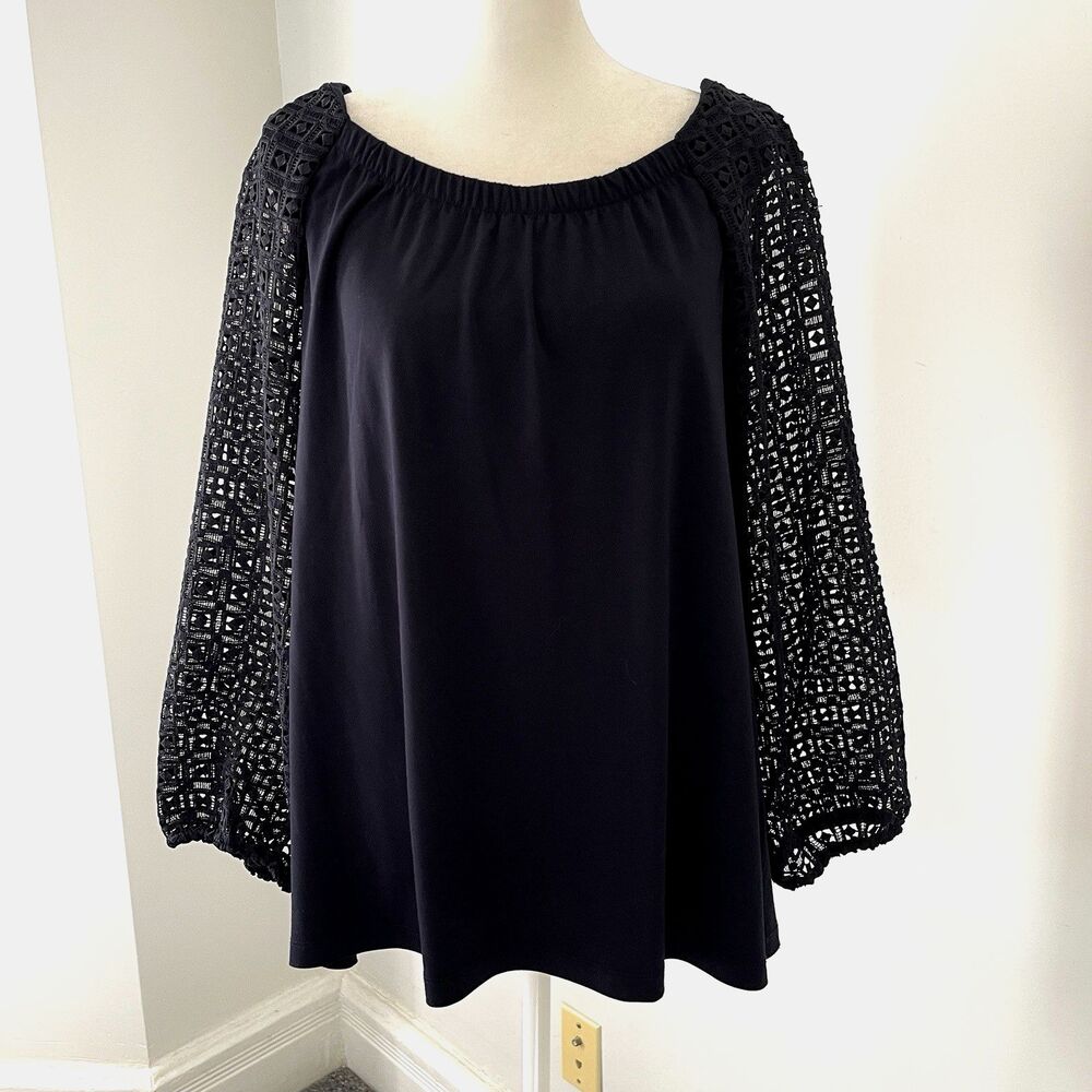 Talbots Top Womens Size XL Crochet Sleeves On Or Off Shoulder Black Stretch Knit
